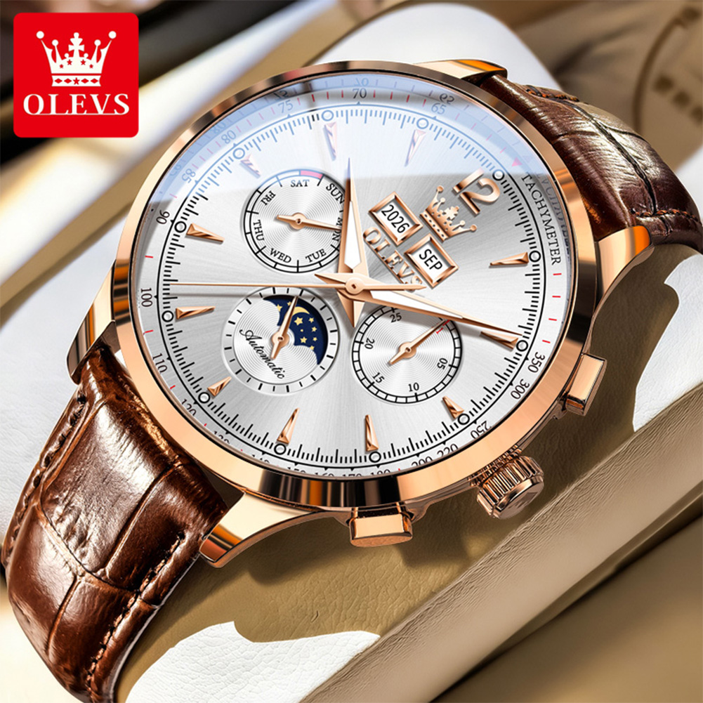 Chronograph Flyback Watch - OLEVS 7128 Maanfase Herenhorloge Mode Lederen
